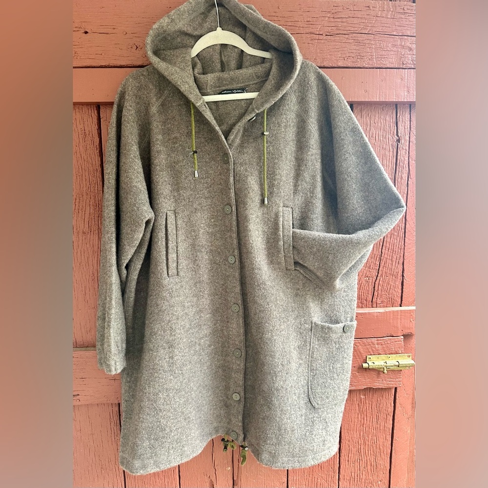 Gudrun Sjoden L or XL boiled wool parka coat, with hood and pockets